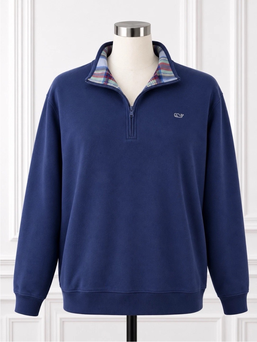 Vineyard Vines Navy Quarter-Zip Pullover with Plaid Trim